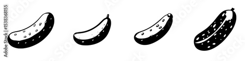 Black icon set showcasing various cucumber shapes and sizes in a minimalist design suitable for culinary themes or garden graphics