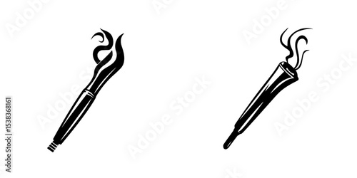 Set of black icons depicting a smoking fountain pen and a paintbrush with smoke, illustrating creativity and expression