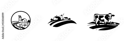 Black icon set featuring farm themes with animals, landscapes, and buildings showcasing rural life in a minimalistic design