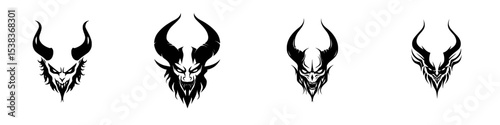 Unique black icons featuring horned designs showcasing various fierce expressions and styles for graphic use