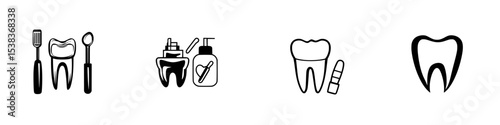 Set of black dental icons representing tools and care products for oral hygiene and dental practice displayed in a simple style