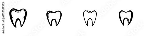 Set of four black dental icons depicting tooth illustrations in various styles for use in health and dental design projects