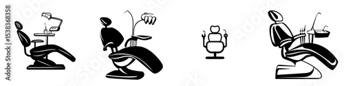 Set of black icons depicting various dental chairs in minimalist design for dental office use online or in print
