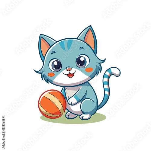 Vector icon of cartoon kitten playing with ball on white background in Adobe Illustrator Artwork