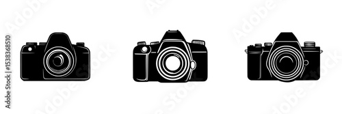 Stylized black camera icons representing various types of cameras for design use in digital content