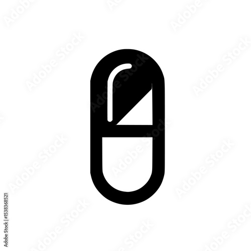 Black capsule icon representing pharmaceuticals or health-related themes in a minimalist design