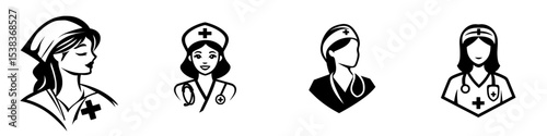 Illustrations of black icons representing different nurse characters in various poses and styles