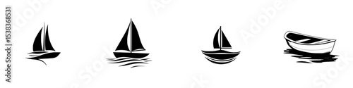 Set of black icons depicting various sailboats and a rowboat on calm waters