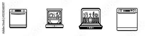 Black kitchen appliance icons illustrating modern dishwasher designs and features for efficient cleaning and convenience