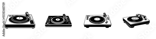 Different styles of black turntables lined up to showcase vintage music equipment for audiophiles and DJs