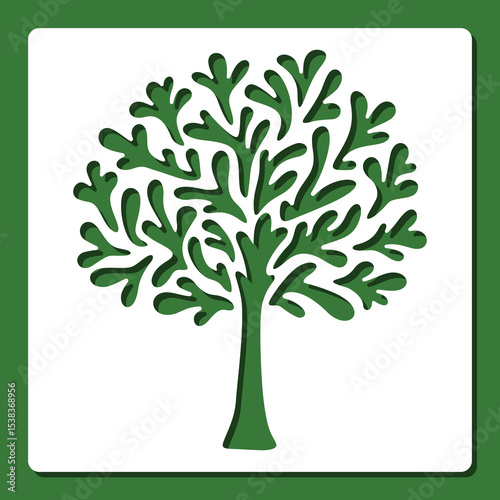 Stencil cartoon tree. The theme of nature, plants, leaves, ecology, environment, summer. Template for plotter laser cutting of paper, fretwork, wood carving, metal engraving, cnc. Vector illustration.
