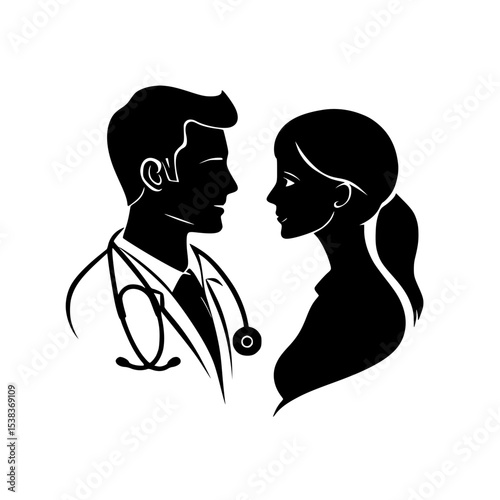 Silhouette of a doctor and a patient facing each other in a clinical setting with a stethoscope