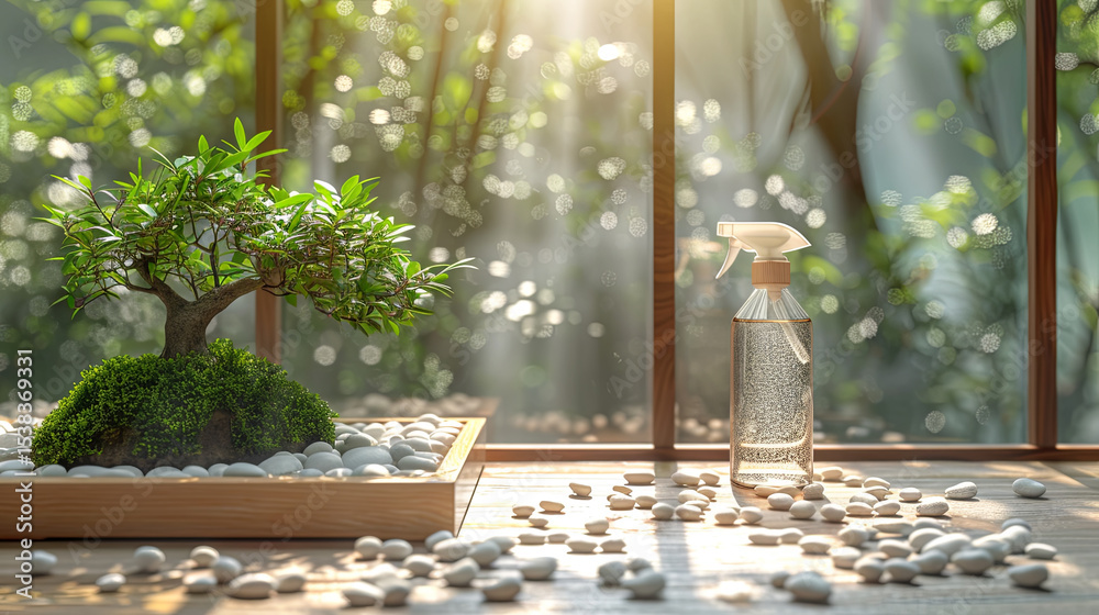 custom made wallpaper toronto digitalZen Garden with Bonsai Tree and Eco-Friendly Spray Bottle in Sunlight