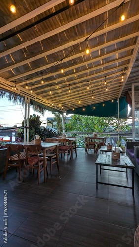 restaurant in the city with light and nature vibes background cafe
