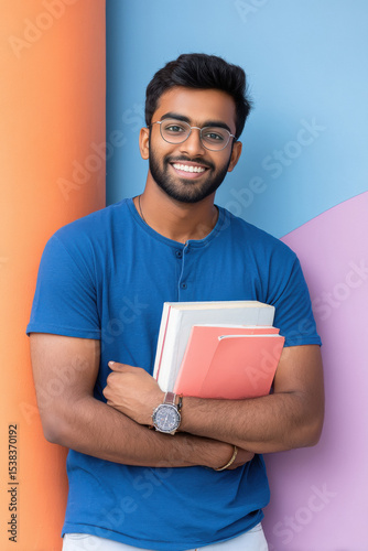 young indian male college student holding books standing on colourful background