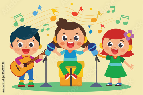 Three kids playing guitar and singing vector