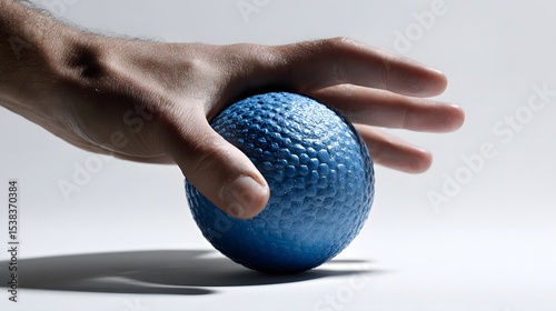 Hand greift strukturierten blauen Ball auf heller Oberfläche in Nahaufnahme
