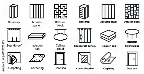 Acoustic treatment line icons set – soundproof, isolation, diffuser symbols