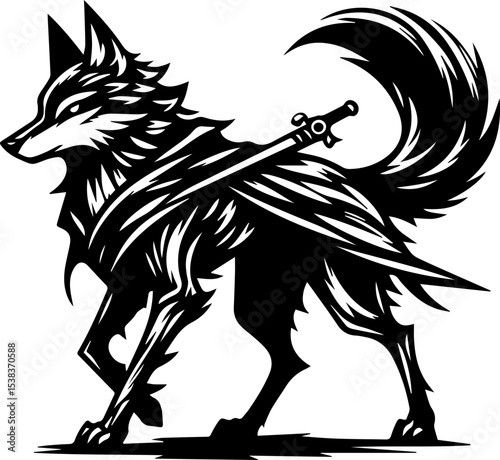 SVG fox warrior with sword black and white vector file for printing, cutting