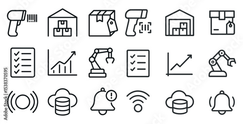 Barcode and warehouse line icons set – outline, logistics, inventory management tools