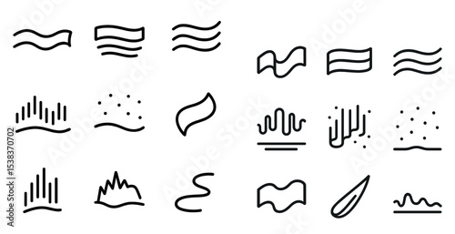 Sound wave outline icons set – linear, audio, music frequency symbols
