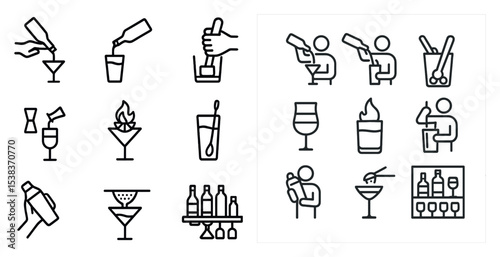 Cocktail and beverage outline icons set – linear, bar, drink preparation symbols