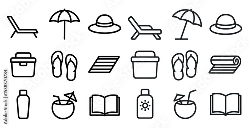 Summer and beach outline icons set – line, vacation, holiday symbols
