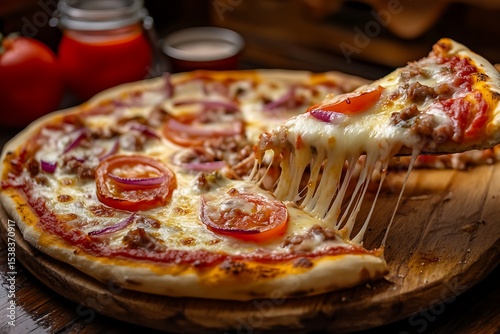 Fresh pizza slice lifted from whole pie on wooden board with stringy cheese