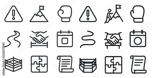 Fitness and adventure line icons set – outline, silhouette, sports and health symbols