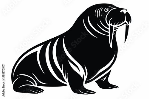 Stylized black walrus sits with strong tusks in a side view on white