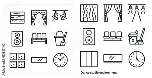 Dance studio outline icons set – linear, rehearsal, performance elements