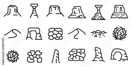 Geological formations icons set – line, outline, nature and landscape symbols