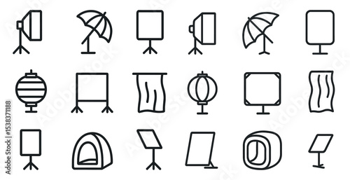 Photography equipment line icons set – outline, camera gear, lighting tools collection