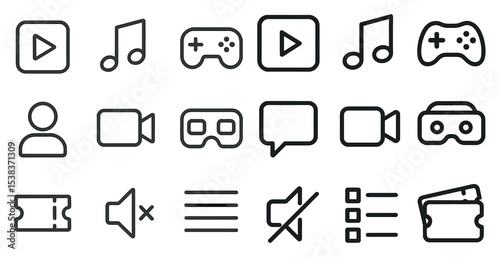 Media and entertainment linear icons set – outline, flat, streaming and gaming symbols