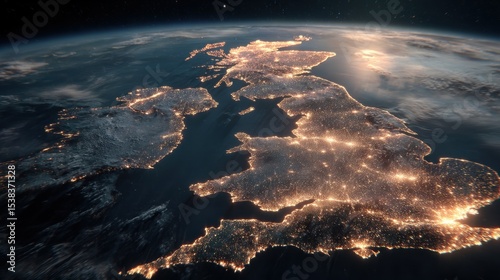 Nighttime Satellite View of the British Isles Illuminated by City Lights