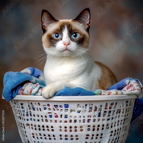 Playful cat in laundry basket home setting pet photography cozy environment close-up view whimsical concept