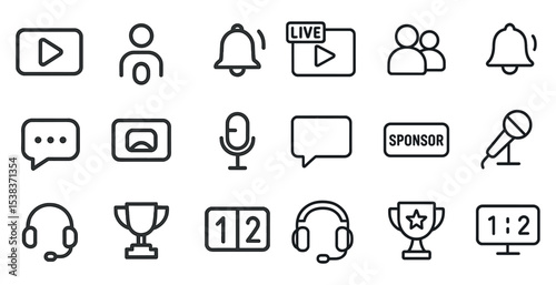 Communication and media line icons set – outline, linear, chat and broadcast symbols