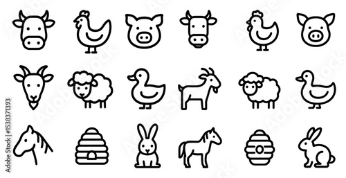 Farm animals outline icons set – linear, silhouette, livestock and agriculture symbols