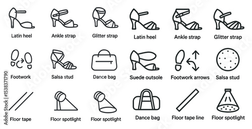 Dance and salsa outline icons set – linear, footwork, accessories symbols