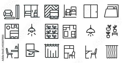 Home interior outline icons set – linear, design, furniture and home decor symbols
