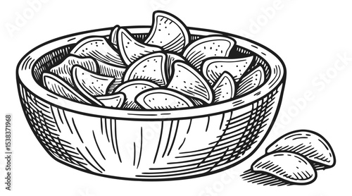 Vintage Engraving of Potato Chips in Bowl – Hand Drawn Snack Illustration