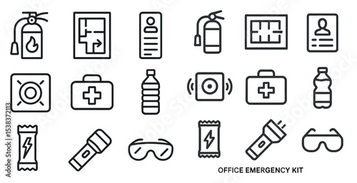 Office emergency kit icons set – outline, linear, safety and survival essentials