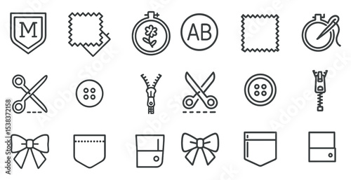 Sewing and embroidery icons set – outline, linear, crafting and stitching tools