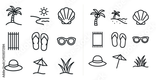 Coastal and beach outline icons set – linear, vacation, tropical symbols