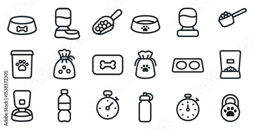 Pet supplies outline icons set – linear, line, animal care and accessories symbols