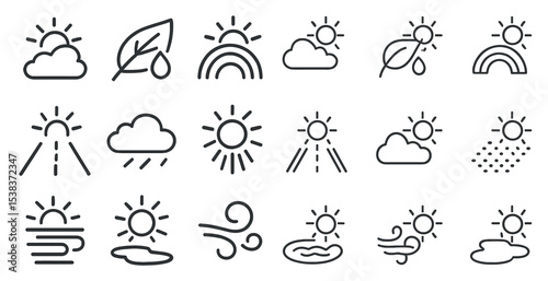 Weather and nature outline icons set – linear, climate, environment symbols