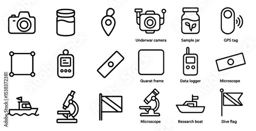 Marine research line icons set – underwater, gps, and scientific exploration symbols