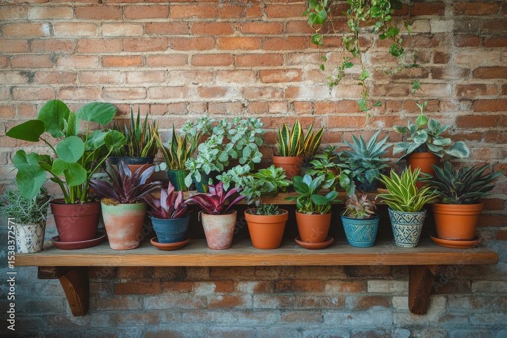Naklejka premium Diverse assortment of potted plants on wooden shelf against brick wall for interior decor inspiration
