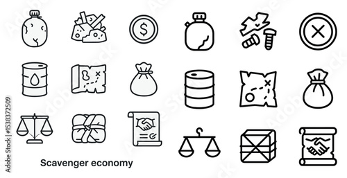 Scavenger economy icons set – outline, linear, recycling and barter symbols