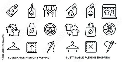 Sustainable fashion shopping icons set – outline, linear, eco-friendly and retail symbols
